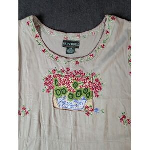 Papyboez Vtg Embroidered Rayon Maxi Dress Tan Floral Button Side S/M Cottagecore